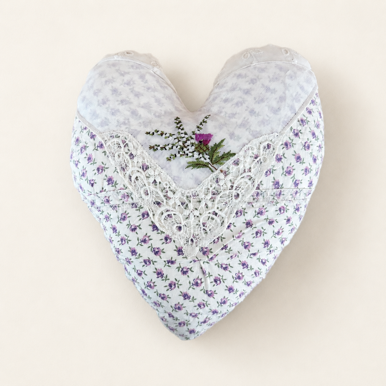 Handmade vintage floral and lace heart pillow with embroidered thistle