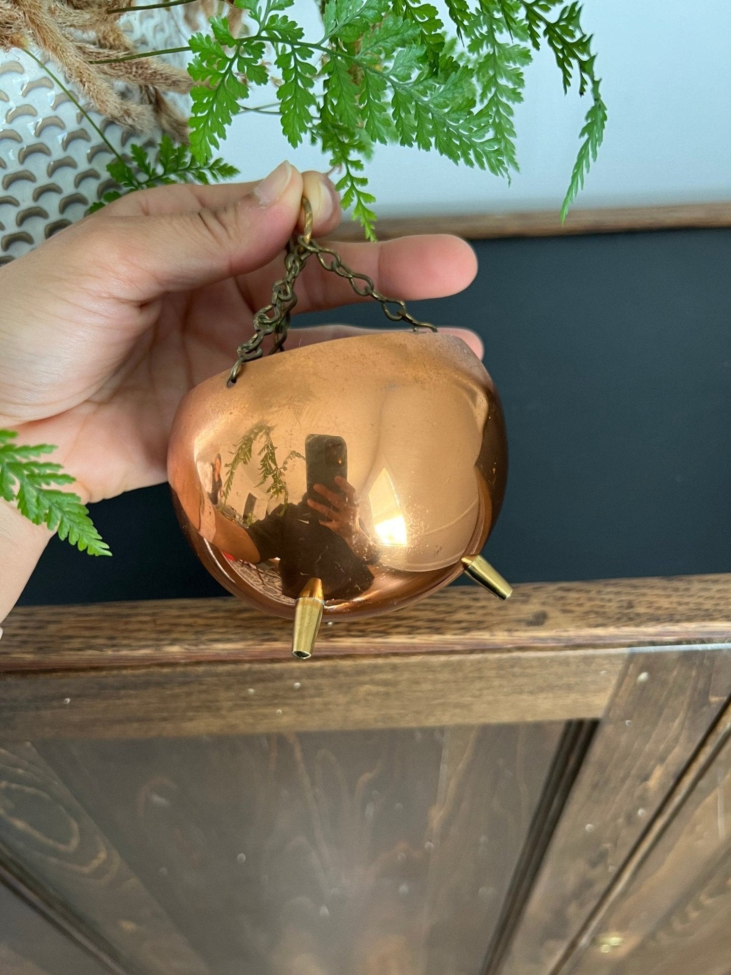 Hanging Copper Pail Planter with Chain — Vintage Farmhouse, c. Early–Mid 20th Century - Loom Vintage