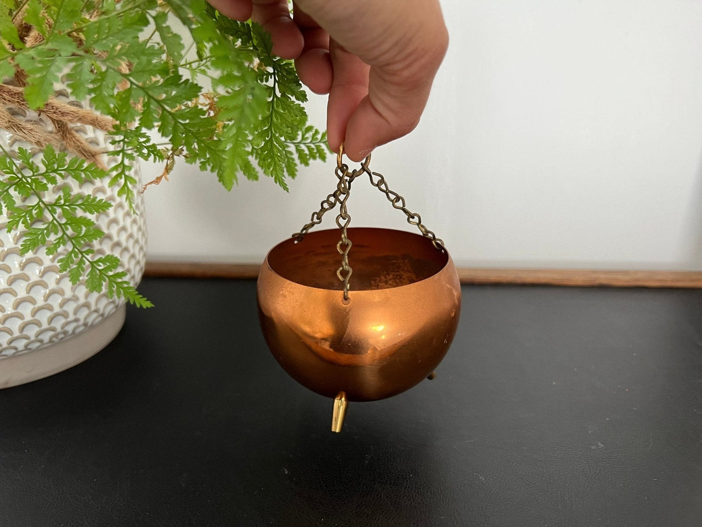 Hanging Copper Pail Planter with Chain — Vintage Farmhouse, c. Early–Mid 20th Century - Loom Vintage