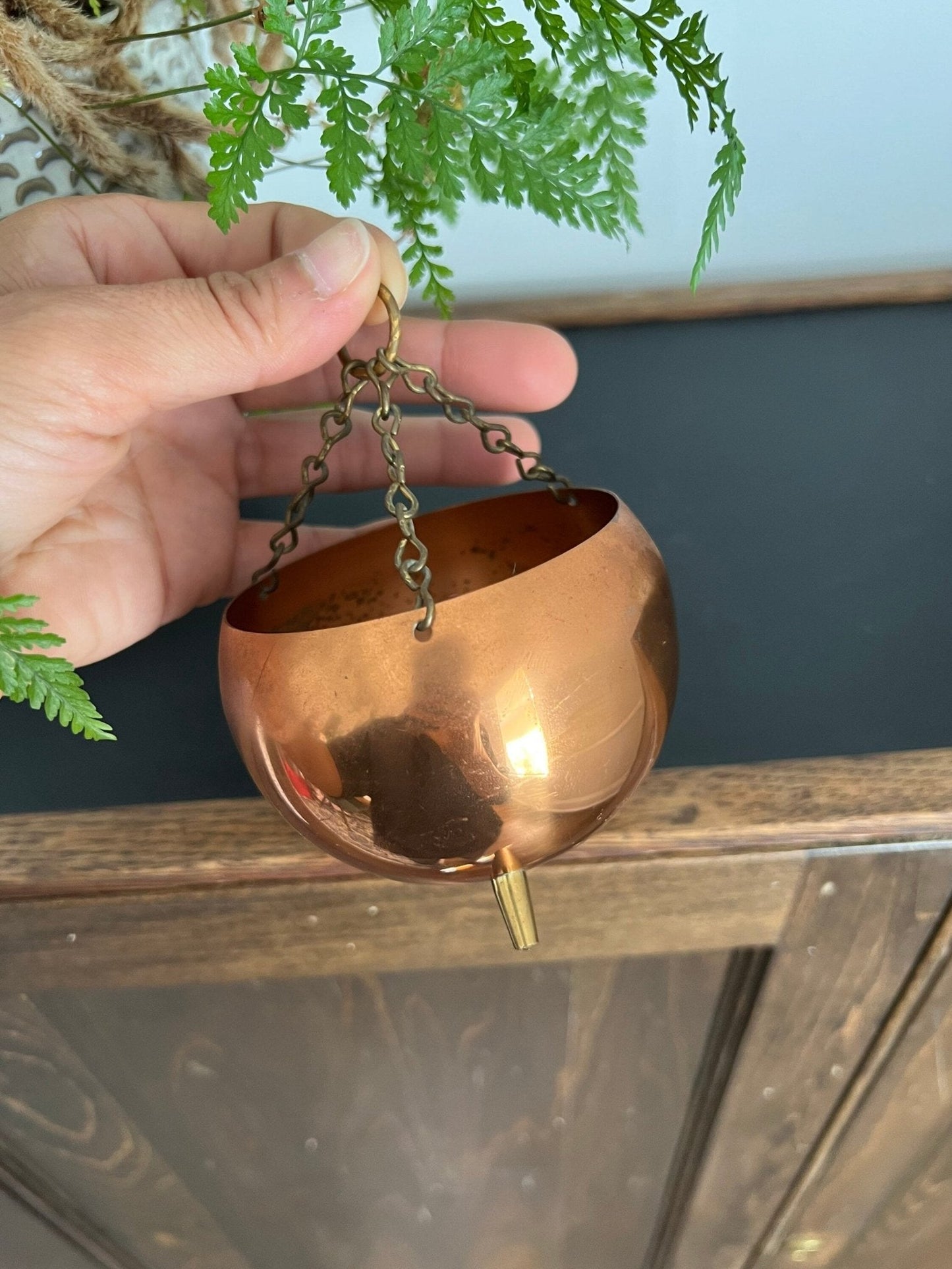 Hanging Copper Pail Planter with Chain — Vintage Farmhouse, c. Early–Mid 20th Century - Loom Vintage