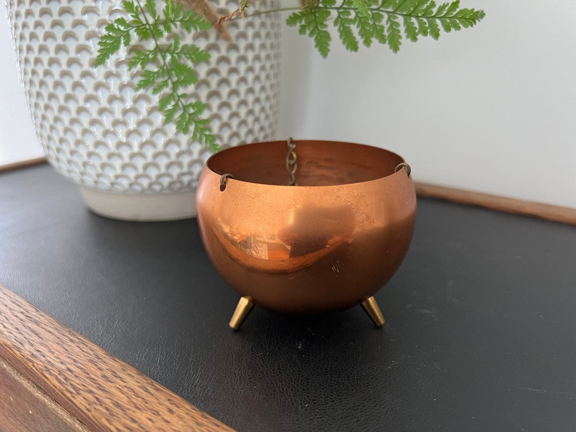 Hanging Copper Pail Planter with Chain — Vintage Farmhouse, c. Early–Mid 20th Century - Loom Vintage