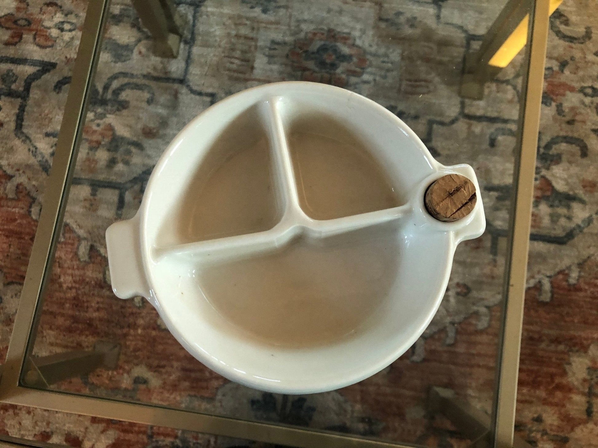 Hankscraft Ceramic Baby Food Warmer, Pink & White — 3 - Section with Cork, 1940s–50s - Loom Vintage
