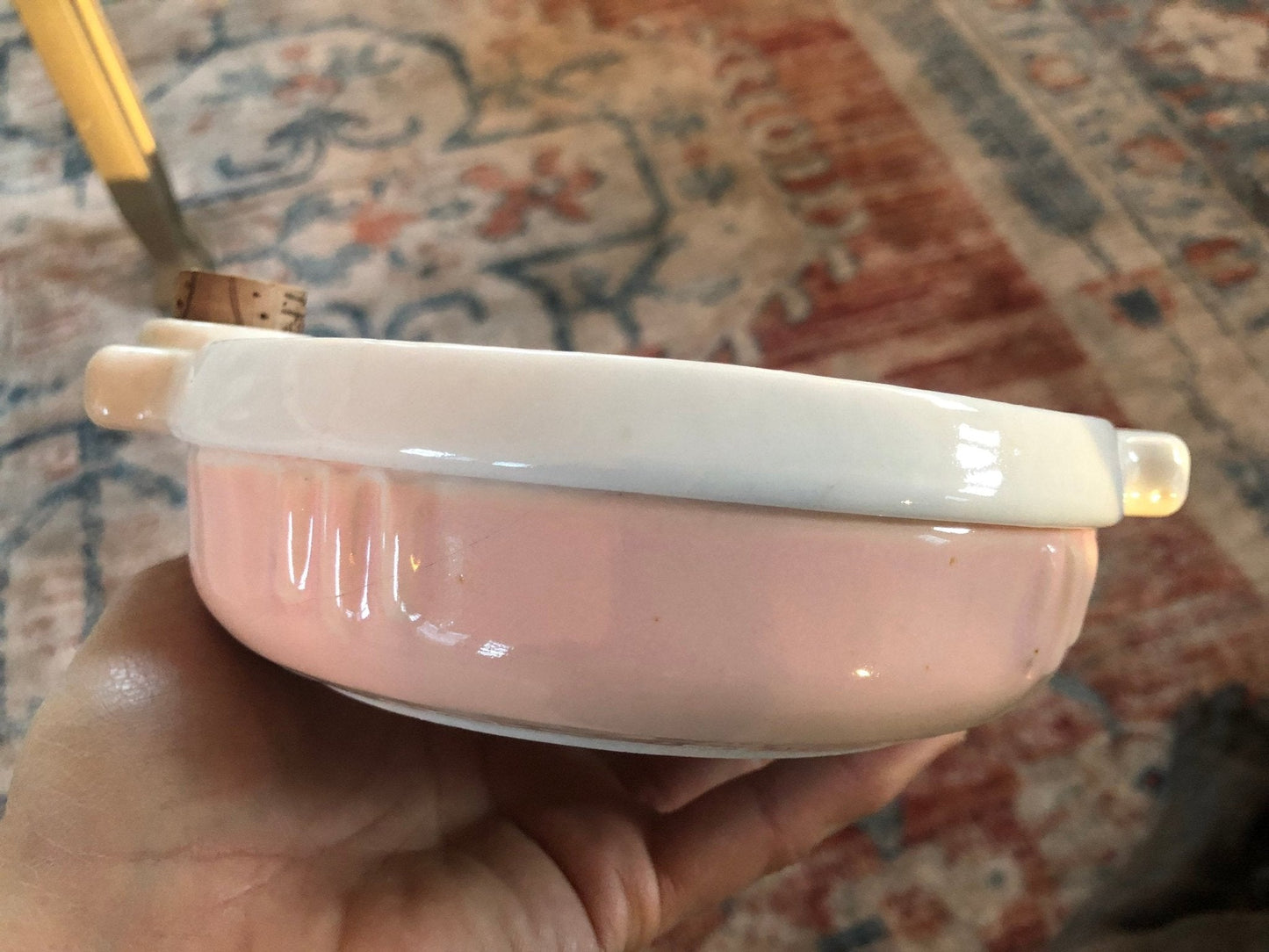 Hankscraft Ceramic Baby Food Warmer, Pink & White — 3 - Section with Cork, 1940s–50s - Loom Vintage