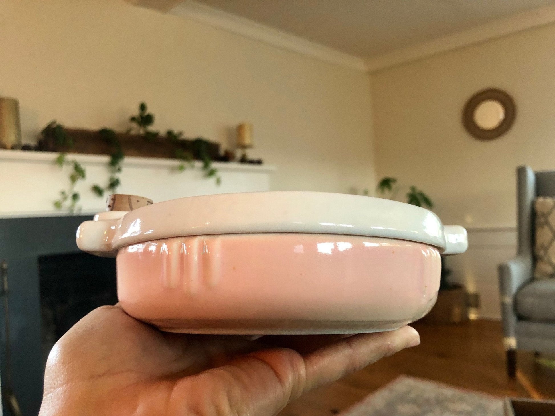 Hankscraft Ceramic Baby Food Warmer, Pink & White — 3 - Section with Cork, 1940s–50s - Loom Vintage