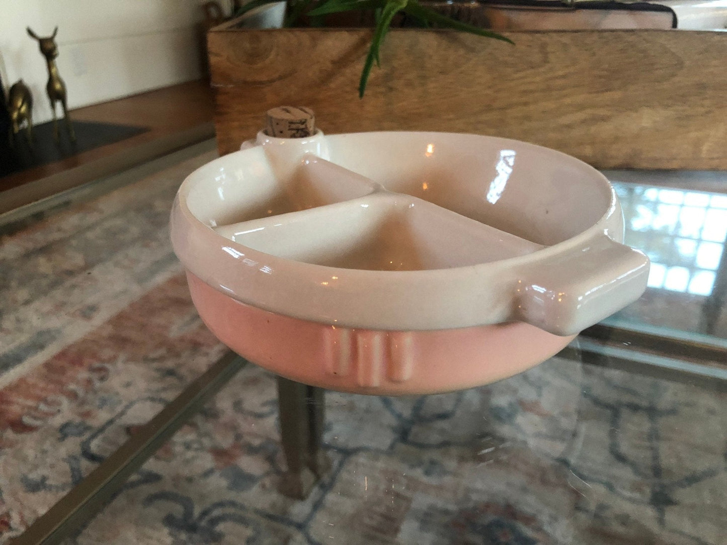 Hankscraft Ceramic Baby Food Warmer, Pink & White — 3 - Section with Cork, 1940s–50s - Loom Vintage