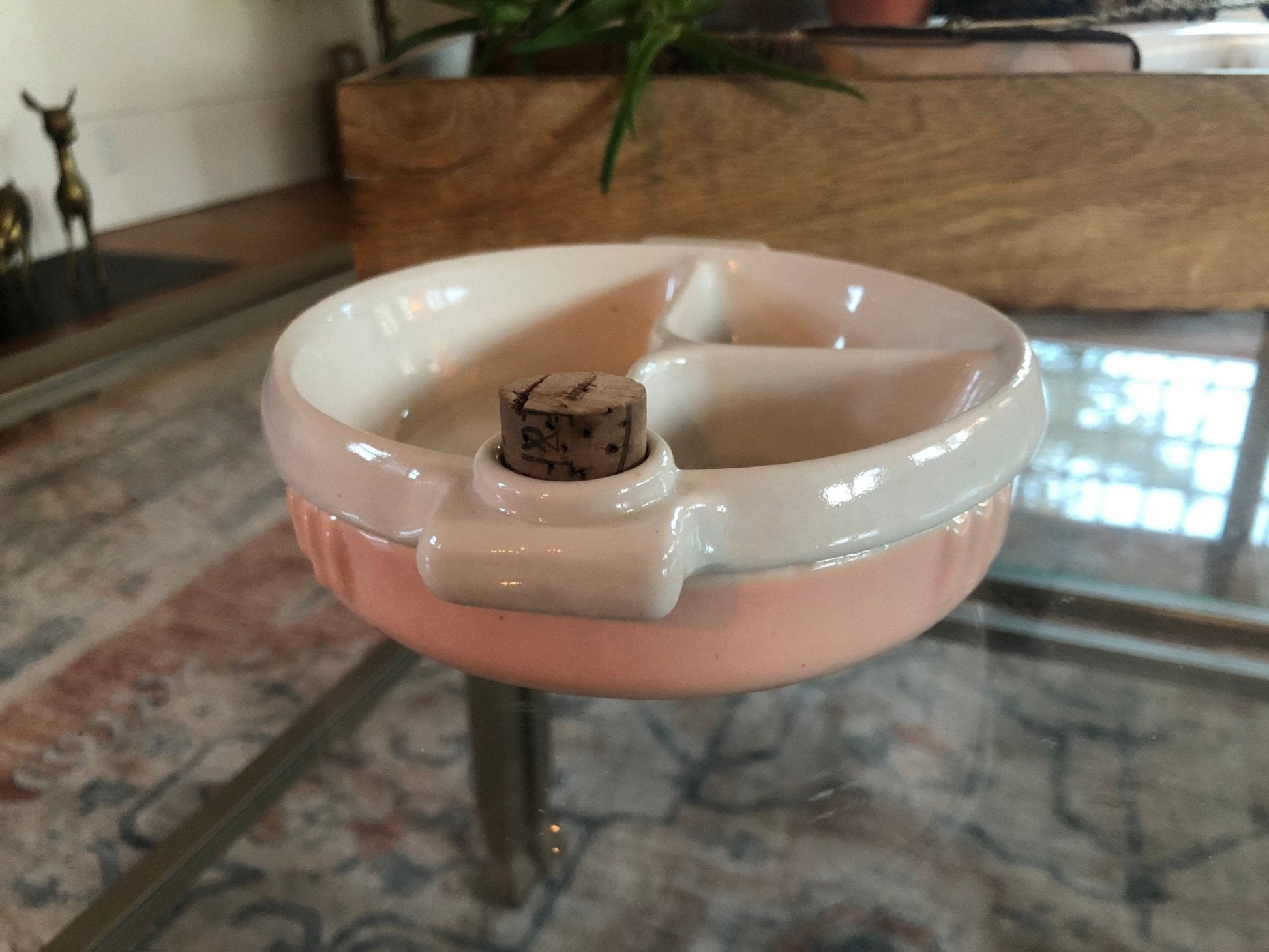 Hankscraft Ceramic Baby Food Warmer, Pink & White — 3 - Section with Cork, 1940s–50s - Loom Vintage