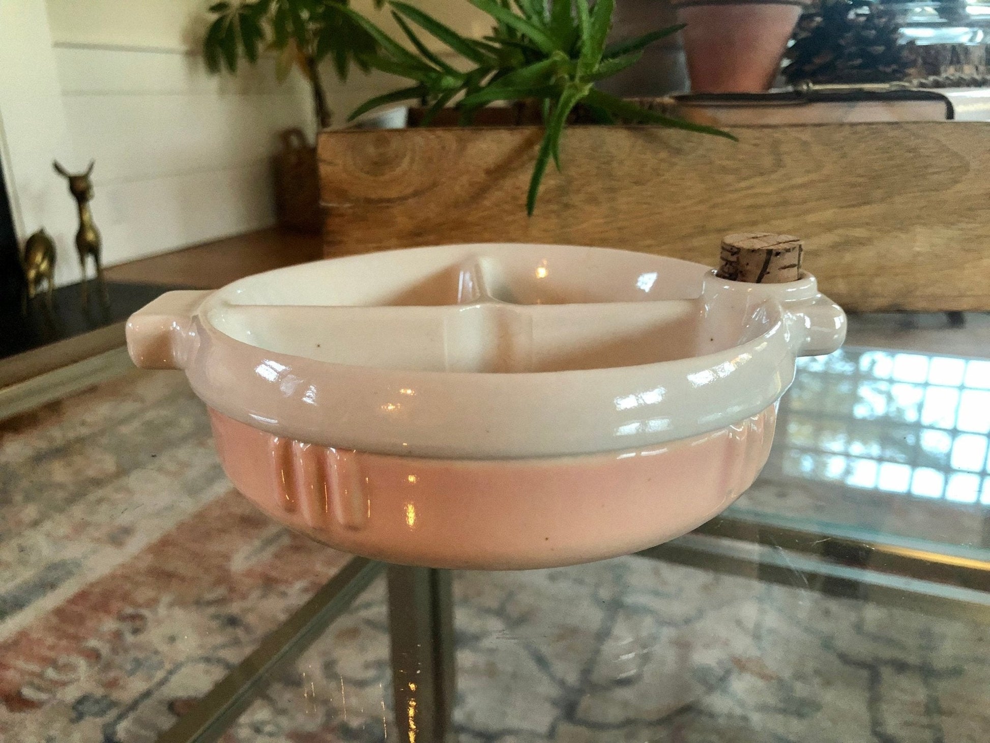 Hankscraft Ceramic Baby Food Warmer, Pink & White — 3 - Section with Cork, 1940s–50s - Loom Vintage