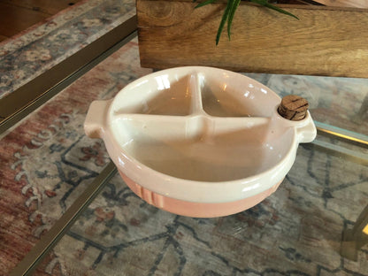 Hankscraft Ceramic Baby Food Warmer, Pink & White — 3 - Section with Cork, 1940s–50s - Loom Vintage