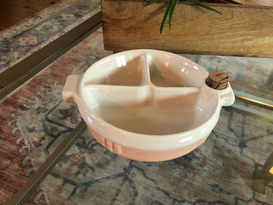 Hankscraft Ceramic Baby Food Warmer, Pink & White — 3 - Section with Cork, 1940s–50s - Loom Vintage