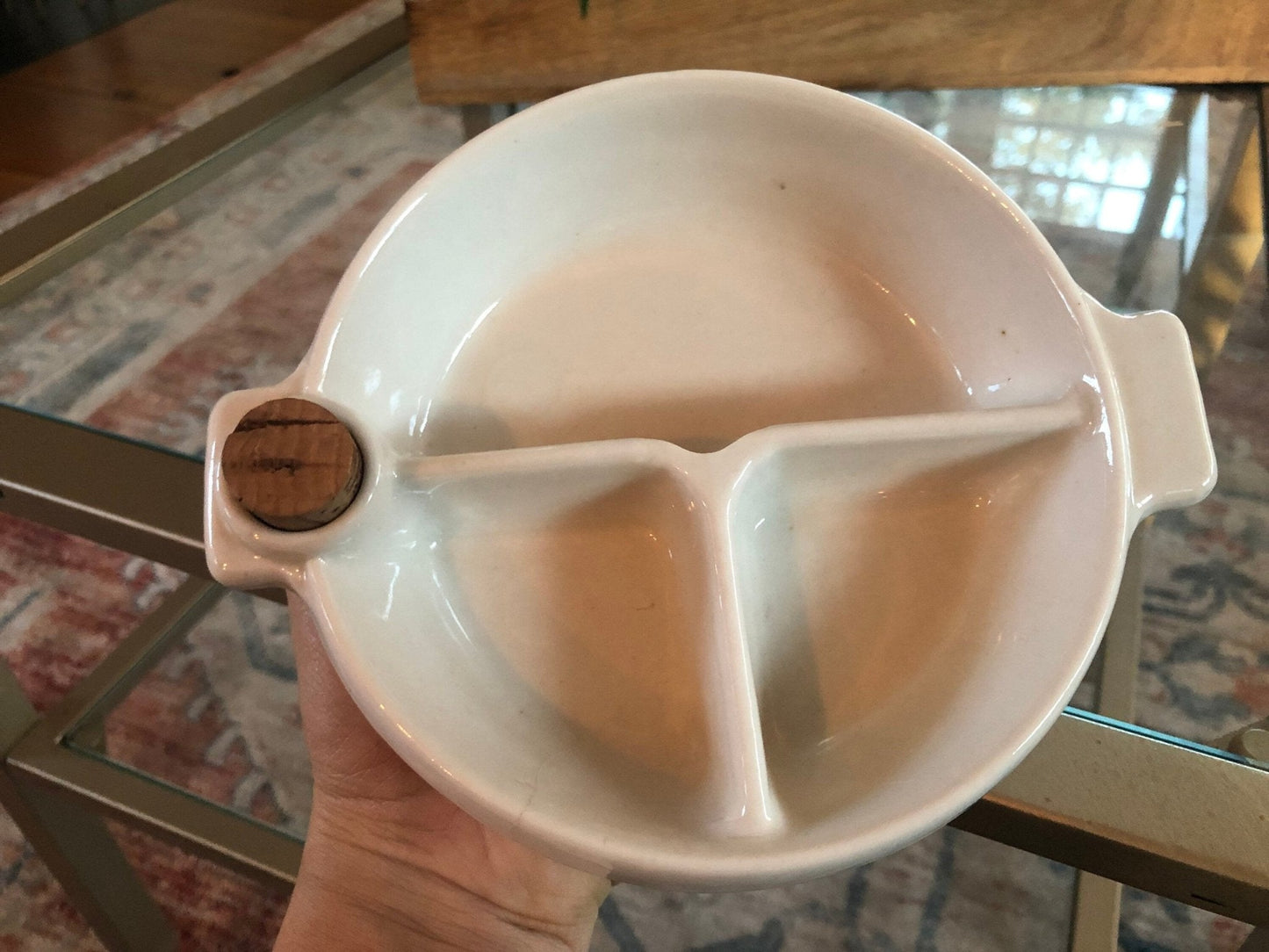 Hankscraft Ceramic Baby Food Warmer, Pink & White — 3 - Section with Cork, 1940s–50s - Loom Vintage