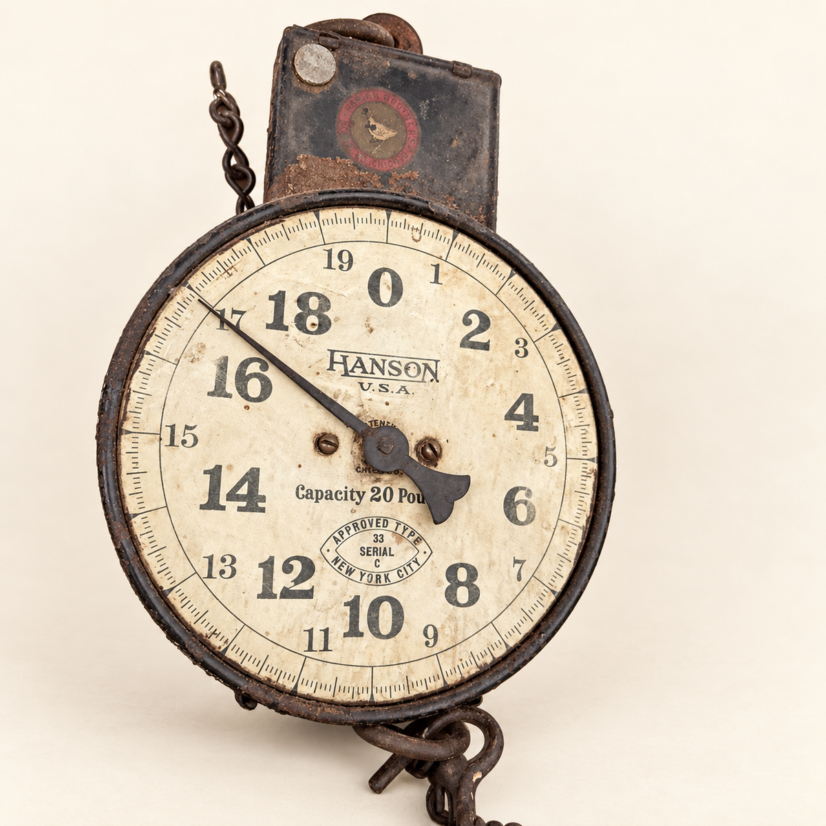 Hanson U.S.A. dial reading to 20 pounds, Approved Type 33 Serial C New York City