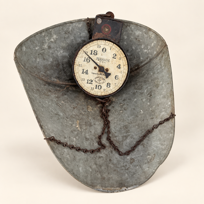 Hanson scoop scale standing upright, dial and draped chains over the galvanized scoop