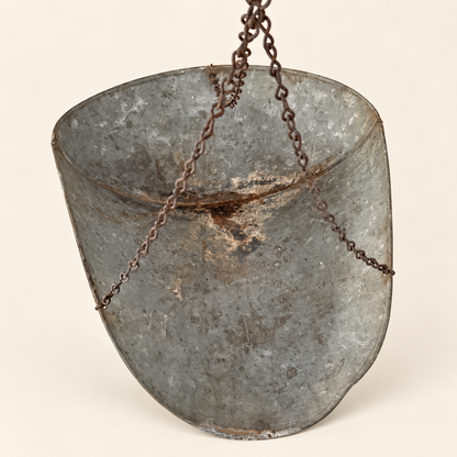 Inside the galvanized scoop with the chains that hang it from the dial