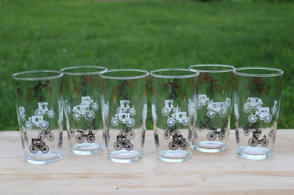 Hazel Atlas Gold Buggy / Carriage Glasses, Set of 6 — Gay Fad Style, 1950s, 5.25"H - Loom Vintage
