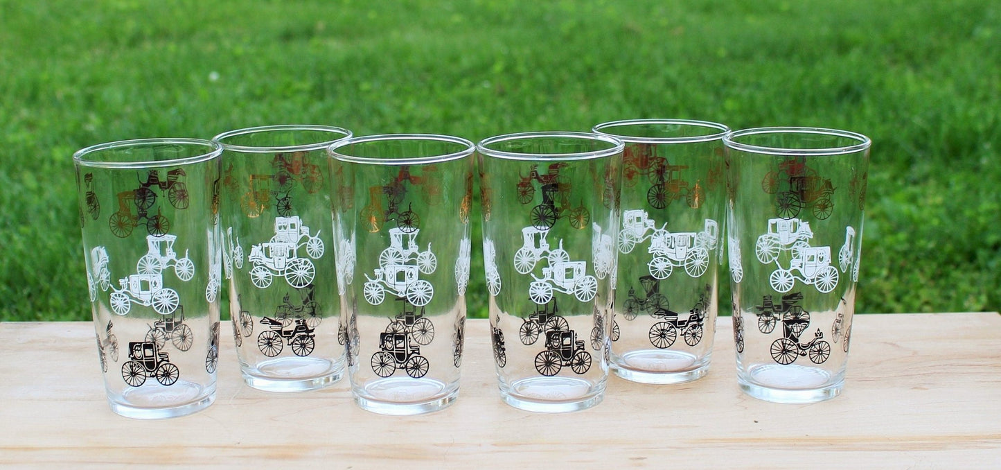 Hazel Atlas Gold Buggy / Carriage Glasses, Set of 6 — Gay Fad Style, 1950s, 5.25"H - Loom Vintage