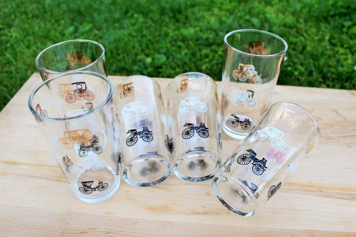 Hazel Atlas Gold Buggy / Carriage Glasses, Set of 6 — Gay Fad Style, 1950s, 5.25"H - Loom Vintage