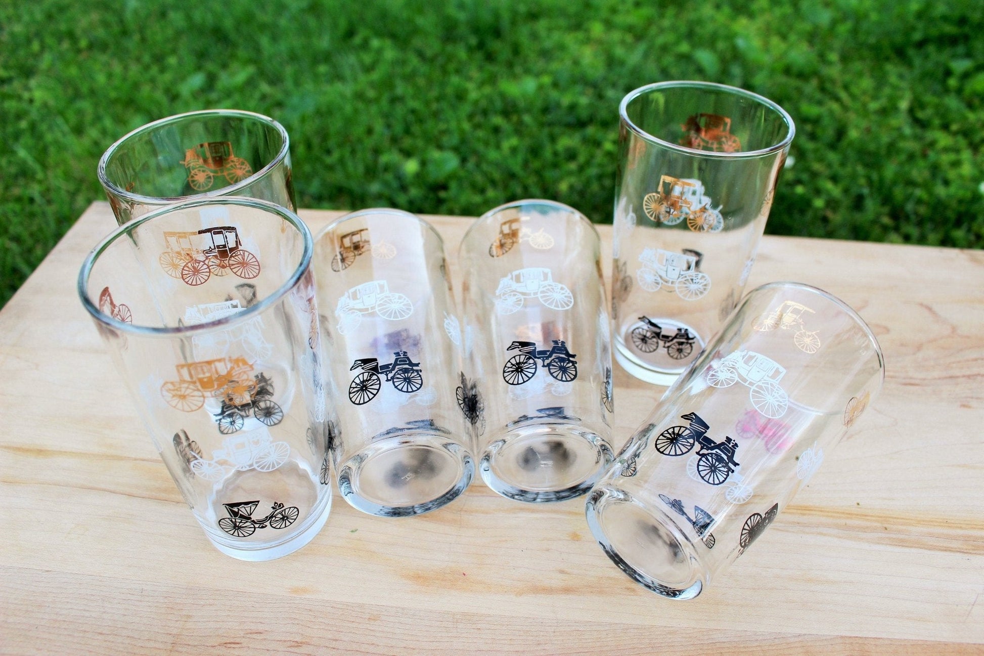 Hazel Atlas Gold Buggy / Carriage Glasses, Set of 6 — Gay Fad Style, 1950s, 5.25"H - Loom Vintage