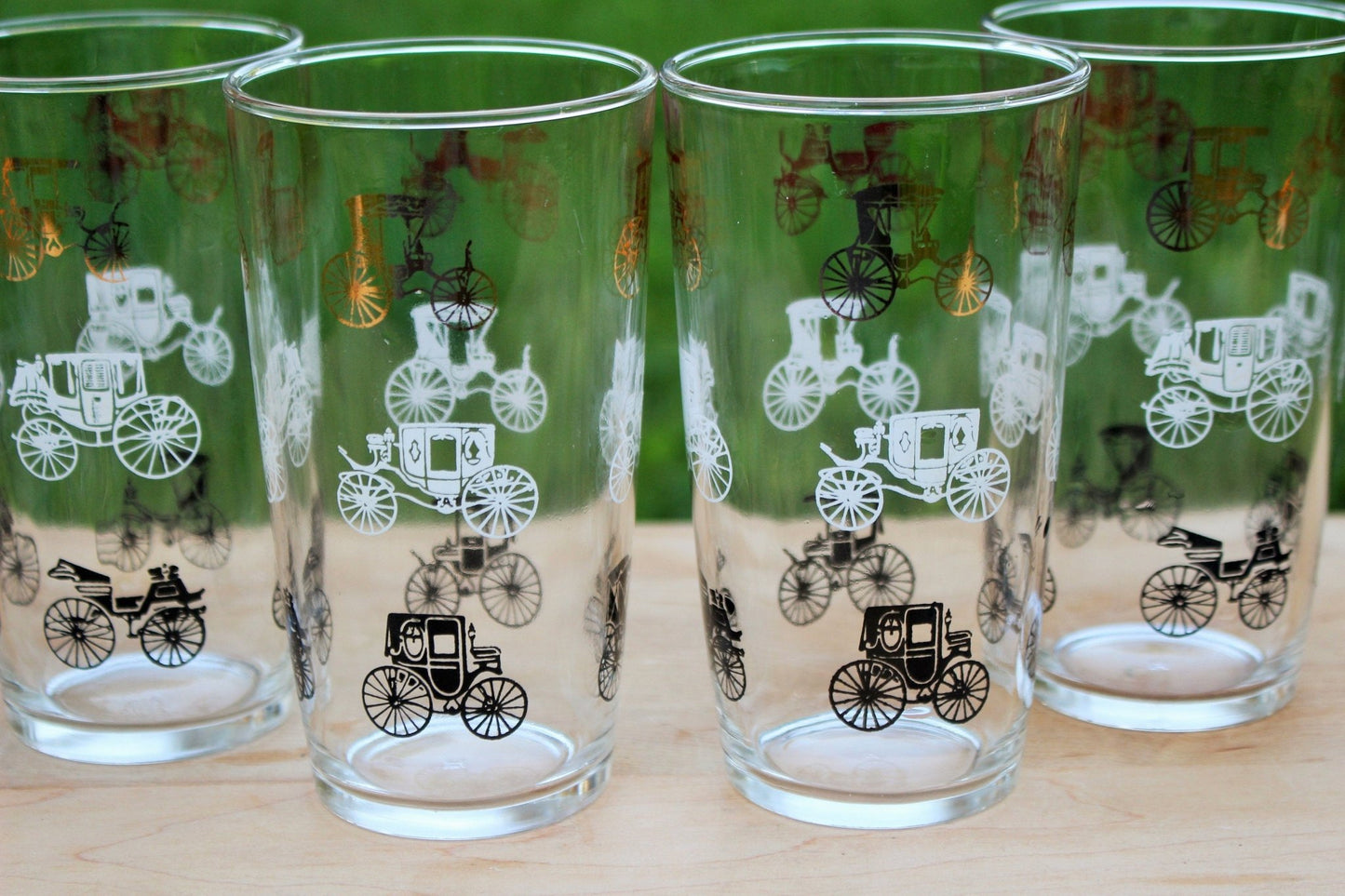Hazel Atlas Gold Buggy / Carriage Glasses, Set of 6 — Gay Fad Style, 1950s, 5.25"H - Loom Vintage