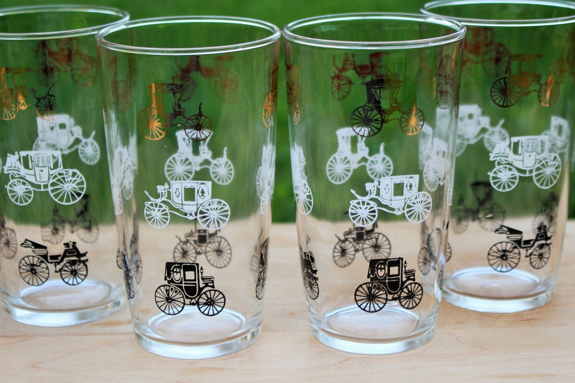 Hazel Atlas Gold Buggy / Carriage Glasses, Set of 6 — Gay Fad Style, 1950s, 5.25"H - Loom Vintage