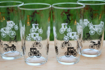 Hazel Atlas Gold Buggy / Carriage Glasses, Set of 6 — Gay Fad Style, 1950s, 5.25"H - Loom Vintage