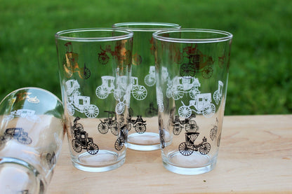 Hazel Atlas Gold Buggy / Carriage Glasses, Set of 6 — Gay Fad Style, 1950s, 5.25"H - Loom Vintage