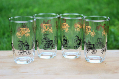 Hazel - Atlas Gold Buggy/Carriage Juice Glasses, Set of 4 — Black & Gold, 3.75"H, 1950s - Loom Vintage