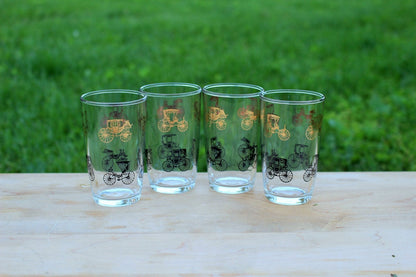 Hazel - Atlas Gold Buggy/Carriage Juice Glasses, Set of 4 — Black & Gold, 3.75"H, 1950s - Loom Vintage