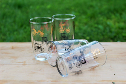 Hazel - Atlas Gold Buggy/Carriage Juice Glasses, Set of 4 — Black & Gold, 3.75"H, 1950s - Loom Vintage