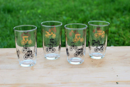 Hazel - Atlas Gold Buggy/Carriage Juice Glasses, Set of 4 — Black & Gold, 3.75"H, 1950s - Loom Vintage