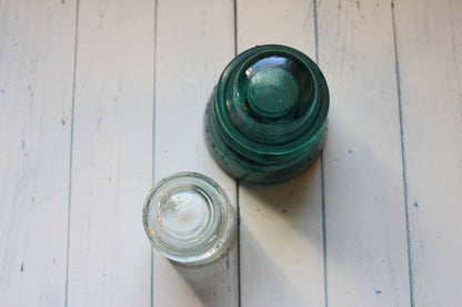 Hemingray No. 42 & No. 12 Glass Insulators, Pair — Green & Clear, c. 1920s - Loom Vintage