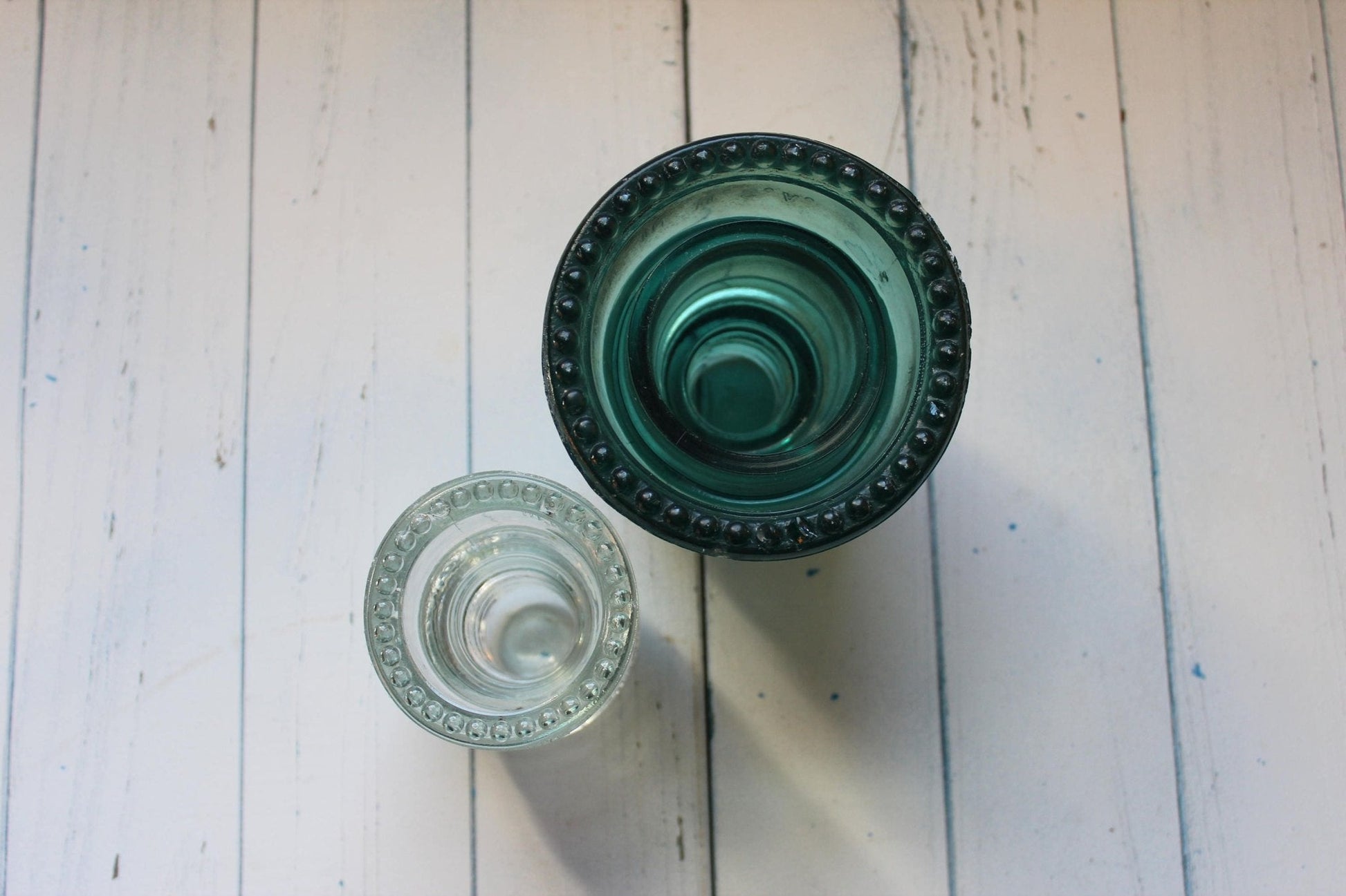 Hemingray No. 42 & No. 12 Glass Insulators, Pair — Green & Clear, c. 1920s - Loom Vintage
