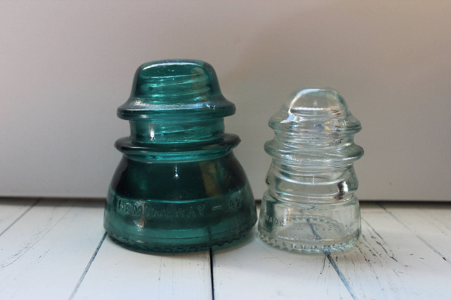 Hemingray No. 42 & No. 12 Glass Insulators, Pair — Green & Clear, c. 1920s - Loom Vintage