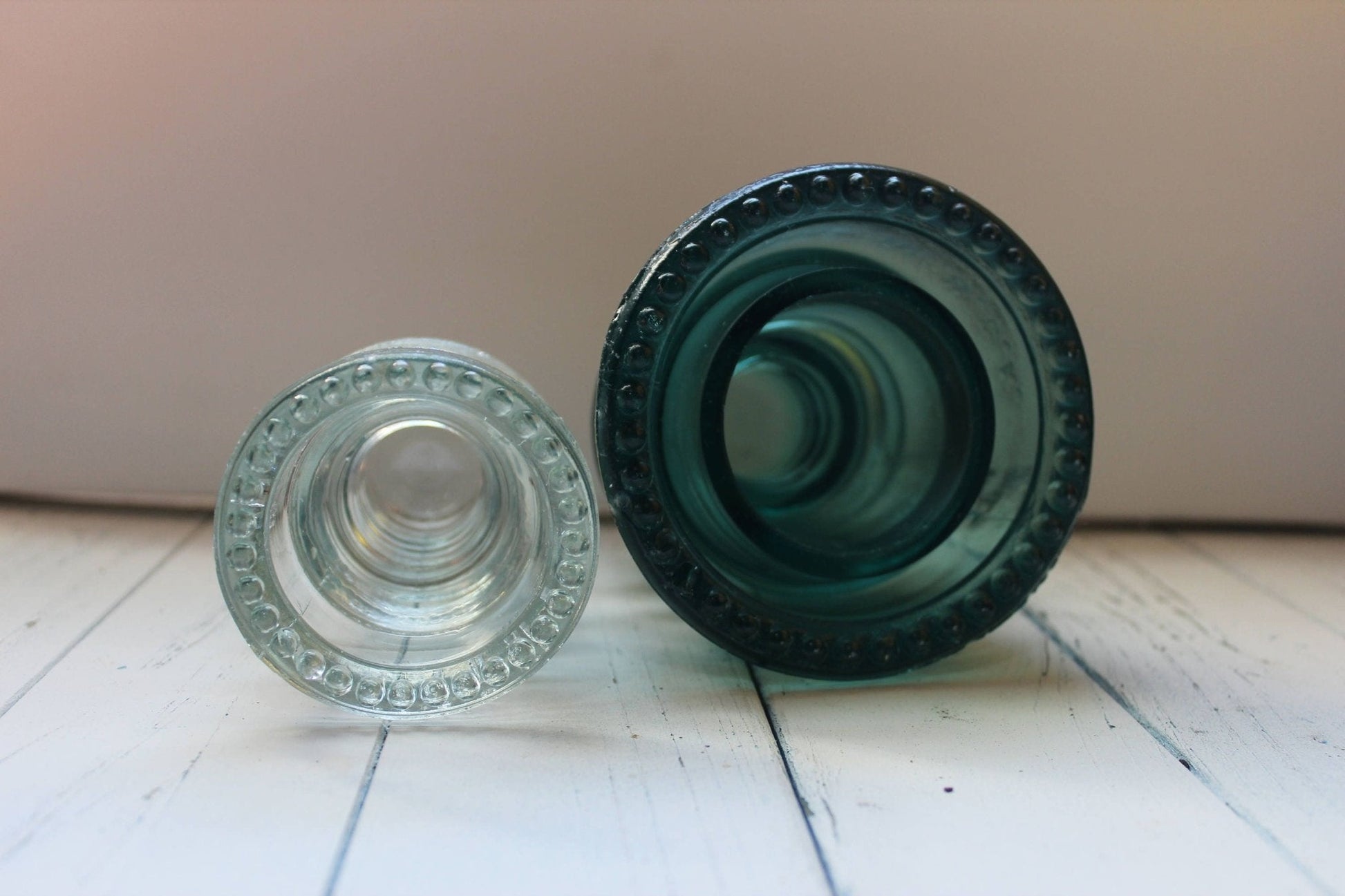 Hemingray No. 42 & No. 12 Glass Insulators, Pair — Green & Clear, c. 1920s - Loom Vintage