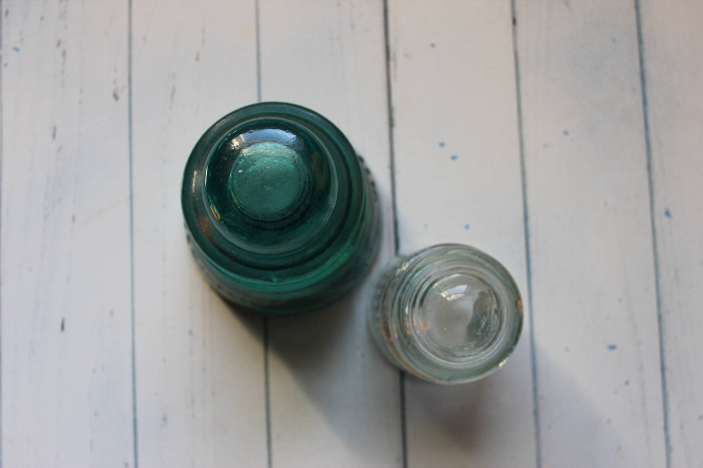 Hemingray No. 42 & No. 12 Glass Insulators, Pair — Green & Clear, c. 1920s - Loom Vintage