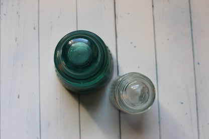 Hemingray No. 42 & No. 12 Glass Insulators, Pair — Green & Clear, c. 1920s - Loom Vintage