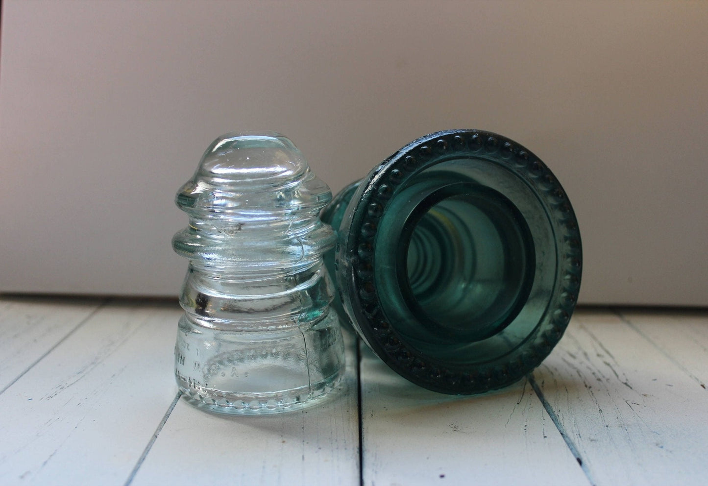 Hemingray No. 42 & No. 12 Glass Insulators, Pair — Green & Clear, c. 1920s - Loom Vintage