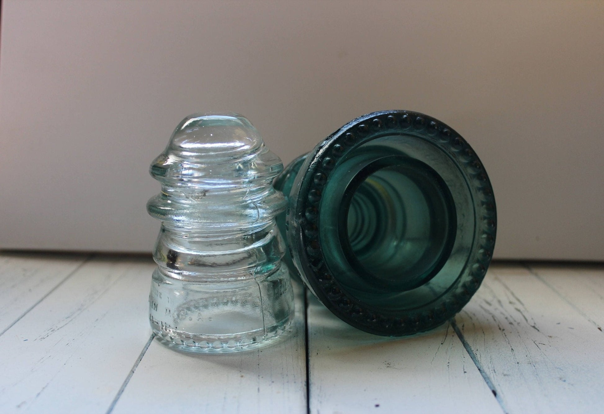 Hemingray No. 42 & No. 12 Glass Insulators, Pair — Green & Clear, c. 1920s - Loom Vintage