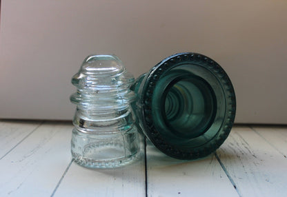Hemingray No. 42 & No. 12 Glass Insulators, Pair — Green & Clear, c. 1920s - Loom Vintage