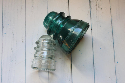 Hemingray No. 42 & No. 12 Glass Insulators, Pair — Green & Clear, c. 1920s - Loom Vintage
