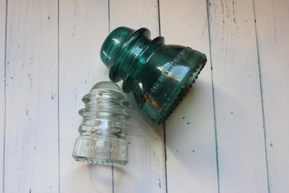 Hemingray No. 42 & No. 12 Glass Insulators, Pair — Green & Clear, c. 1920s - Loom Vintage