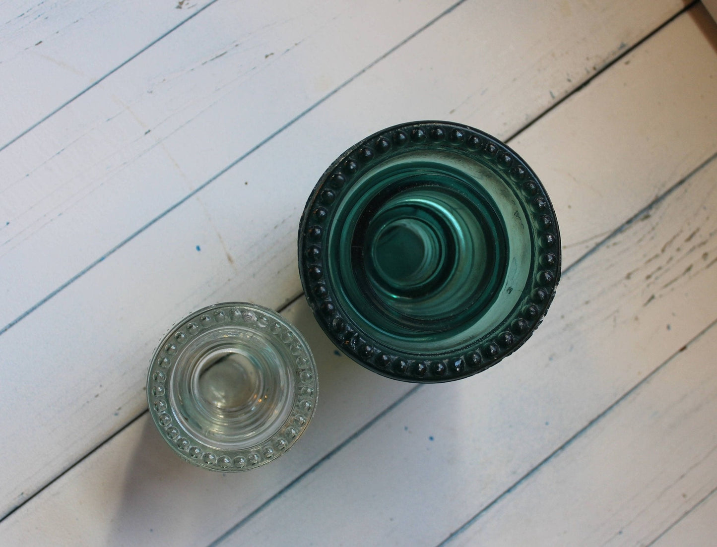 Hemingray No. 42 & No. 12 Glass Insulators, Pair — Green & Clear, c. 1920s - Loom Vintage