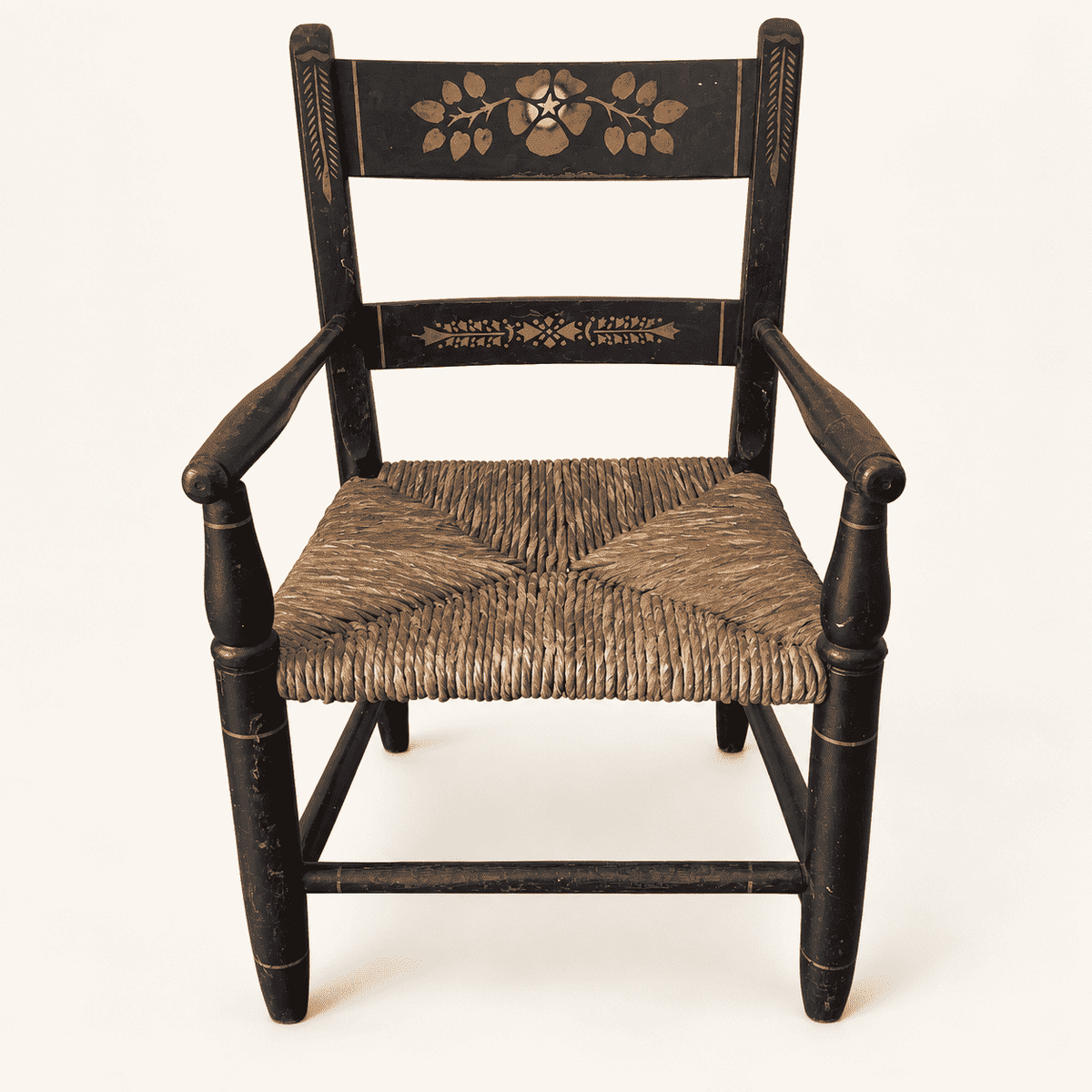 Vintage Hitchcock child's chair, black with stenciled fruit, rush seat, photo 1 of 7
