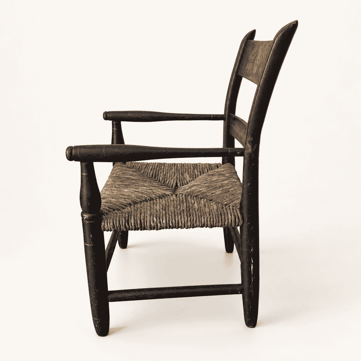 Vintage Hitchcock child's chair, black with stenciled fruit, rush seat, photo 3 of 7