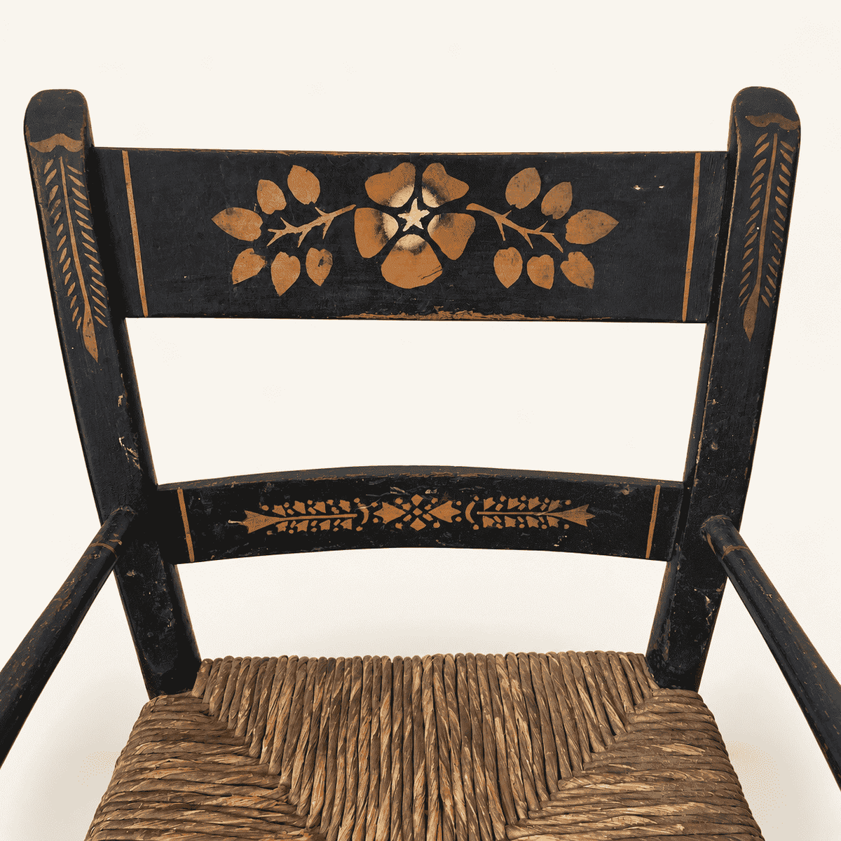 Vintage Hitchcock child's chair, black with stenciled fruit, rush seat, photo 4 of 7