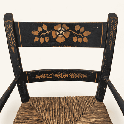 Vintage Hitchcock child's chair, black with stenciled fruit, rush seat, photo 4 of 7