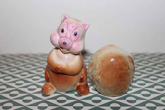 Vintage Ceramic Squirrel And Nut Salt And Pepper Shaker Set From The 1950's