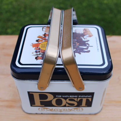 Saturday Evening Post Bus Stop Christmas cover tin, Curtis Publishing — detail