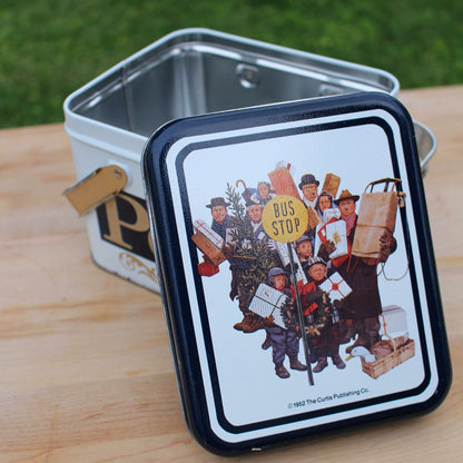 Saturday Evening Post Bus Stop Christmas cover tin, Curtis Publishing, rectangular metal tin with handles