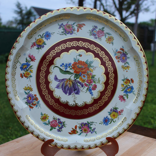 Vintage DAHER 12" Decorated Ware French Floral Pattern Round Tray Tin Platter England
