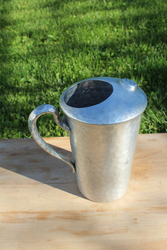 Mid Century Hand Forged Metal Pitcher with Unique Ice Lip//Hammered Textured Handle//Repurposed Flower Vase//Rustic Farmhouse